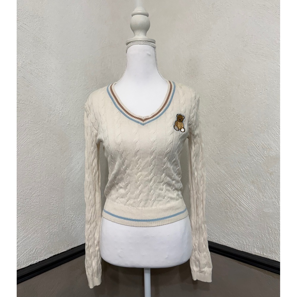 Social Scene Women's Small Ivory Teddy Bear Cropped V Neck Cable Knit Sweater